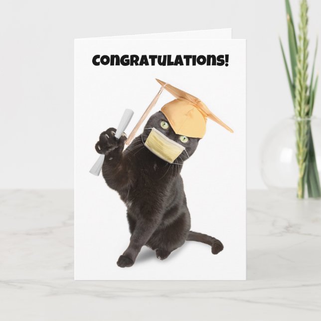Tarjeta Festiva Felicitaciones: Gato graduado en humor de máscara  (Anverso)