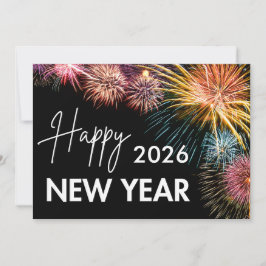 Tarjeta Festiva Feliciz Año Nuevo Moderno Fuegos Artificiales Negr