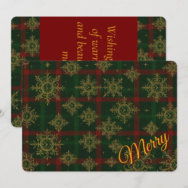 Tarjeta Festiva Feliciz copo de nieve steampunk Tartán rojo y verd (Anverso / Reverso)