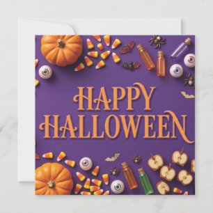 Tarjeta Festiva Feliciz Halloween Composición plana en morado