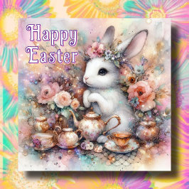 Tarjeta Festiva Feliciz Pascua Tiempo de Té Alegría con Conejito F