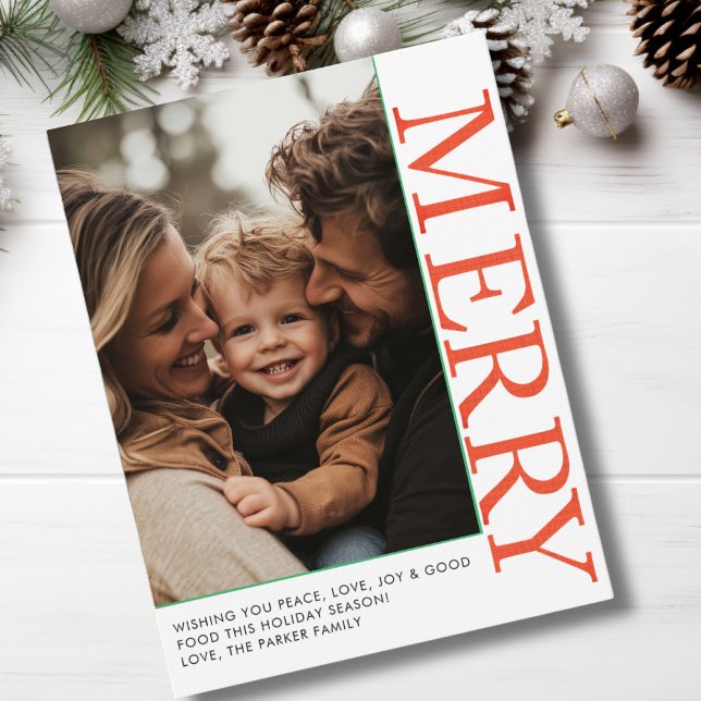 Tarjeta Festiva ¡FELIZ! 1 Foto, blanco, Naranja, verde, clásico (MERRY! 1 Photo, White, Orange, Green, Classic Holiday Card)