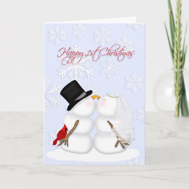 Tarjeta Festiva Feliz 1° Navidades, pareja de nieve, copos de niev (Anverso)