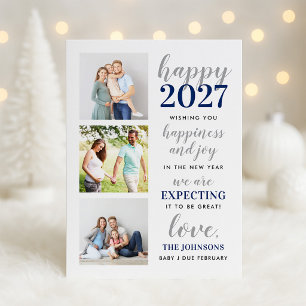 Tarjeta Festiva Feliz 2027 Gris Plateado Bebé en Camino