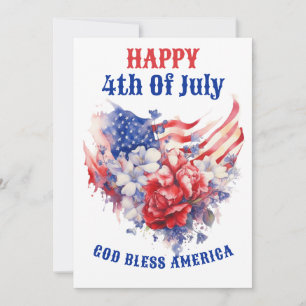Tarjeta Festiva Feliz 4 de julio acuarela Azul Rojo