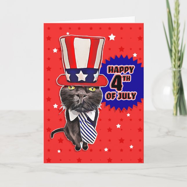 Tarjeta Festiva Feliz 4 de julio, bonito gato patriótico (Anverso)