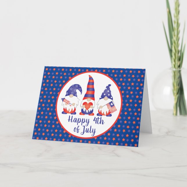 Tarjeta Festiva Feliz 4 de julio de gnomos azul rojo blanco (Anverso)
