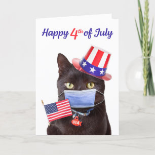Tarjeta Festiva Feliz 4 de julio, gato con humor de máscara