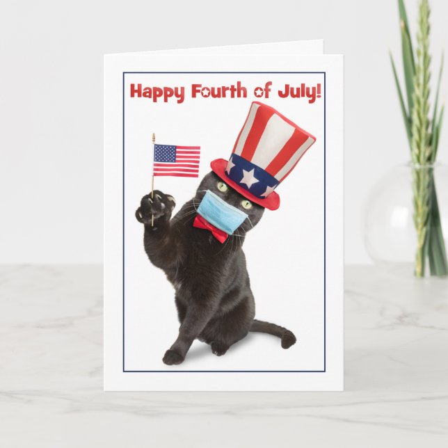 Tarjeta Festiva Feliz 4 de julio, gato con humor de máscara (Anverso)