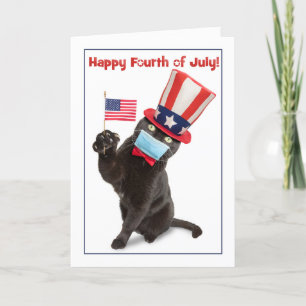 Tarjeta Festiva Feliz 4 de julio, gato con humor de máscara
