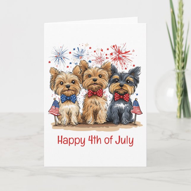 Tarjeta Festiva Feliz 4 De Julio Perros Terribles De Yorkshire (Anverso)