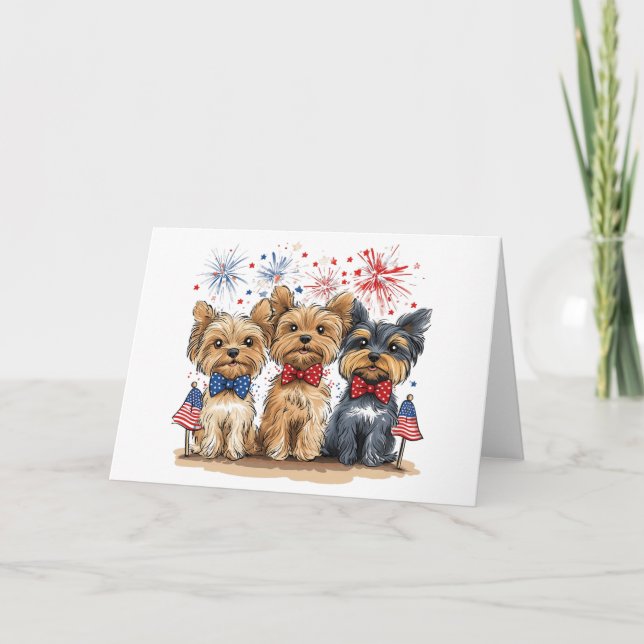 Tarjeta Festiva Feliz 4 De Julio Perros Terribles De Yorkshire (Anverso)