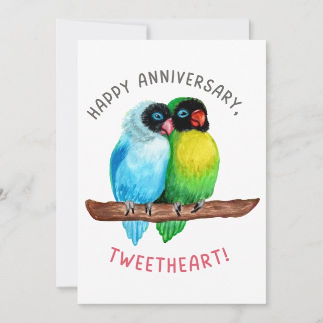 Tarjeta Festiva ¡Feliz aniversario, cariño! Pareja de Lovebird (Anverso)