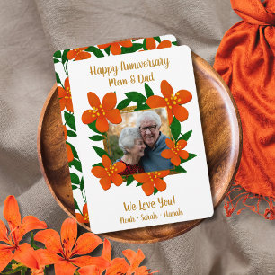 Tarjeta Festiva Feliz aniversario mamá y papá Naranja Floral Roja