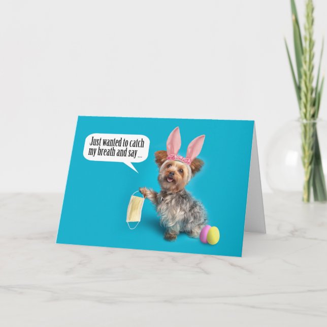 Tarjeta Festiva Feliz año de Pascua Yourkie sacando la máscara de  (Anverso)