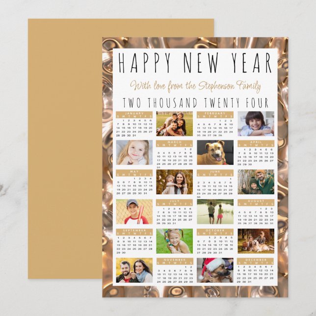 Tarjeta Festiva Feliz Año Nuevo 12 Fotos del Calendario Oro 2024 (Anverso / Reverso)
