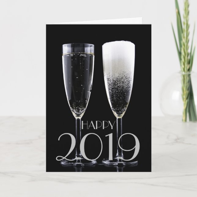 Tarjeta Festiva Feliz Año Nuevo 2019 Flauta de champán blanco negr (Anverso)