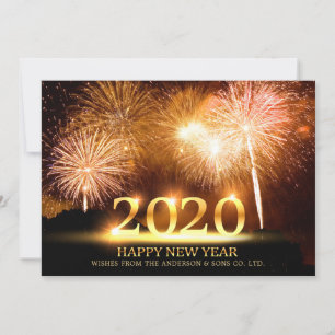 Tarjeta Festiva Feliz Año Nuevo 2020 a los elegantes fuegos artifi