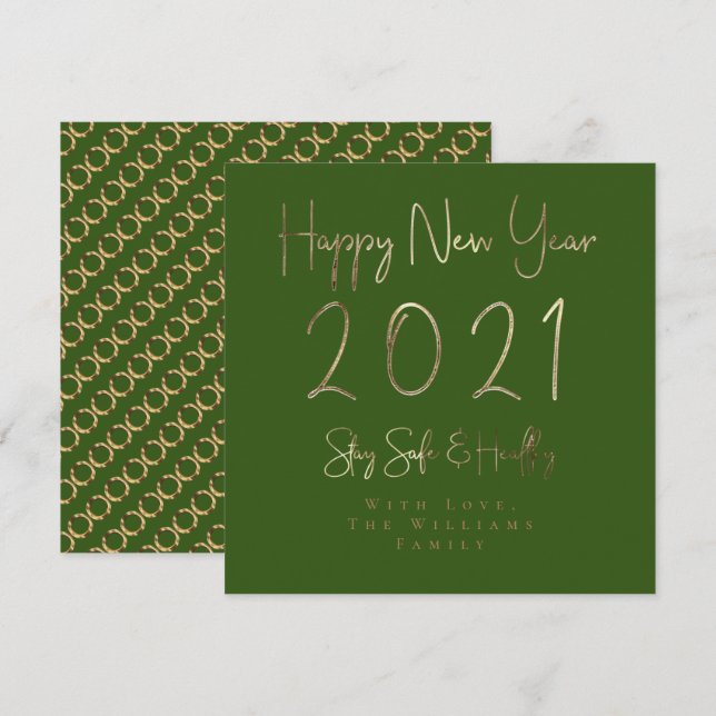 Tarjeta Festiva Feliz Año Nuevo 2021 Elegante Guión de Oro Verde (Anverso / Reverso)