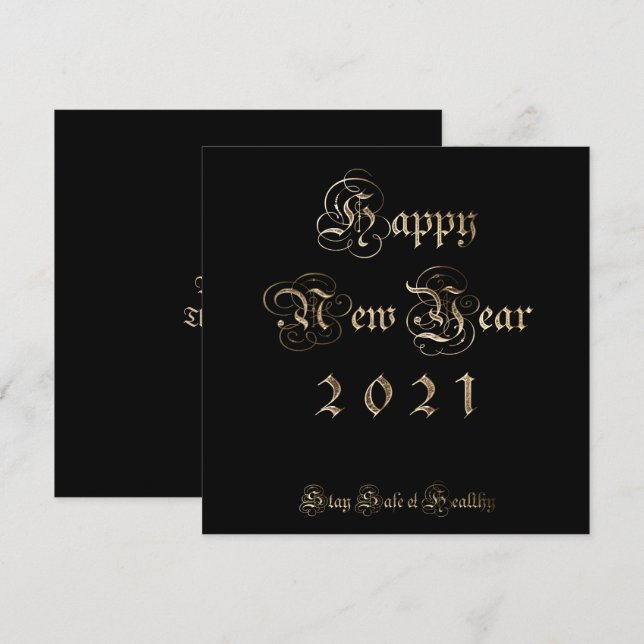 Tarjeta Festiva Feliz Año Nuevo 2021 Elegante guión negro y dorado (Anverso / Reverso)
