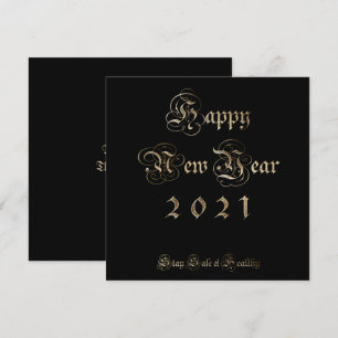 Tarjeta Festiva Feliz Año Nuevo 2021 Elegante guión negro y dorado