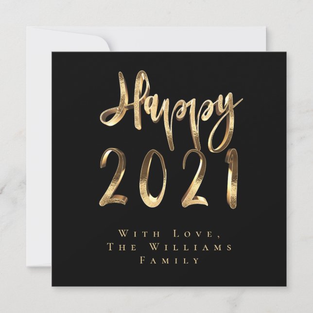 Tarjeta Festiva Feliz Año Nuevo 2021 Elegante guión negro y dorado (Anverso)