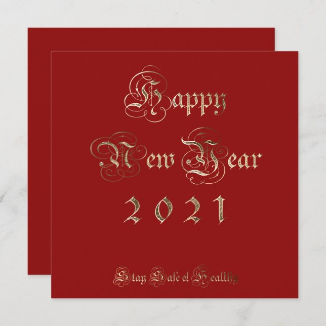 Tarjeta Festiva Feliz Año Nuevo 2021 Elegante Guión Rojo y Oro (Anverso / Reverso)