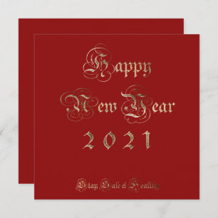 Tarjeta Festiva Feliz Año Nuevo 2021 Elegante Guión Rojo y Oro