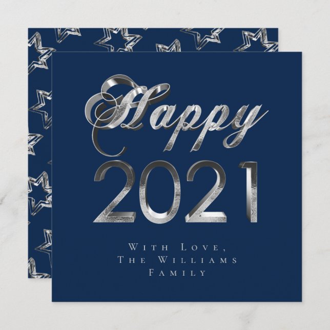 Tarjeta Festiva Feliz Año Nuevo 2021 Moda Guión gris plateado azul (Anverso / Reverso)