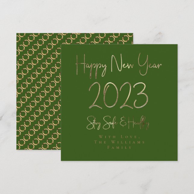 Tarjeta Festiva Feliz Año Nuevo 2023 Elegante Guión de Oro Verde (Anverso / Reverso)