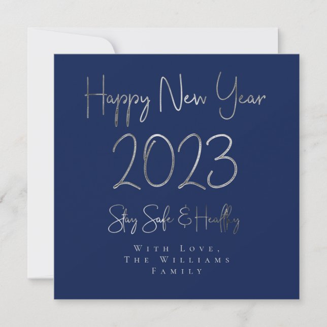 Tarjeta Festiva Feliz Año Nuevo 2023 Elegante Guión Plateado Azul (Anverso)