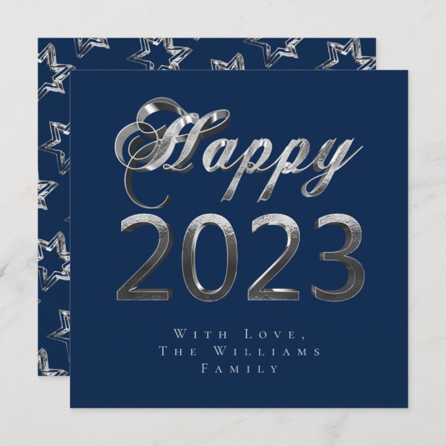 Tarjeta Festiva Feliz Año Nuevo 2023 Moda Guión gris plateado azul (Anverso / Reverso)