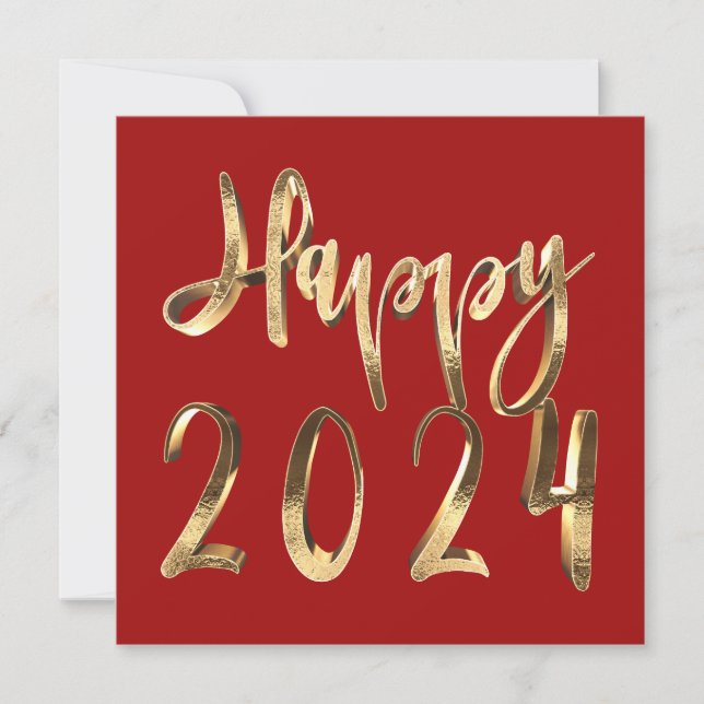 Tarjeta Festiva Feliz Año Nuevo 2024 Elegante Guión de Oro Rojo (Anverso)
