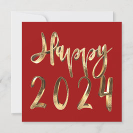Tarjeta Festiva Feliz Año Nuevo 2024 Elegante Guión de Oro Rojo
