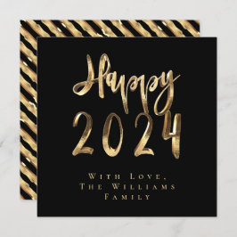 Tarjeta Festiva Feliz Año Nuevo 2024 Elegante guión negro y dorado