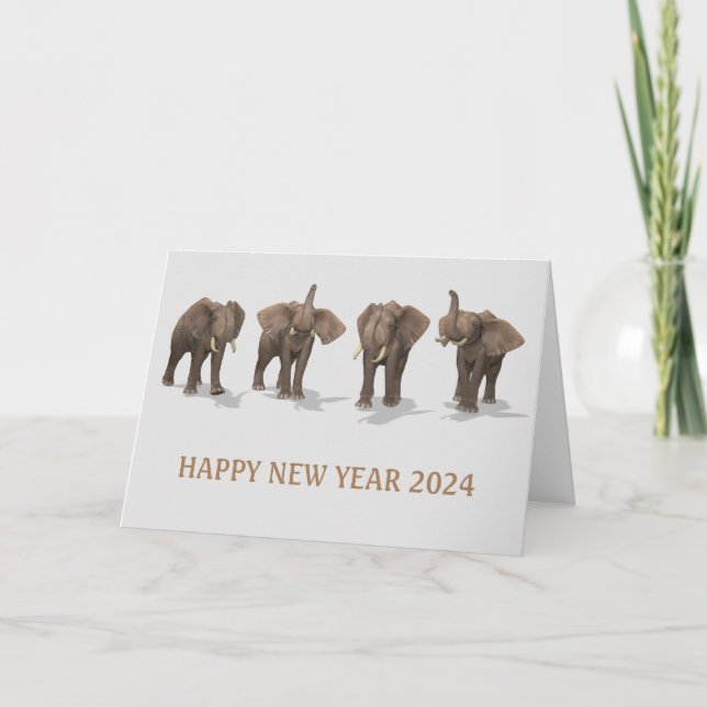 Tarjeta Festiva Feliz Año Nuevo 2024 estremeciendo a los elefantes (Anverso)