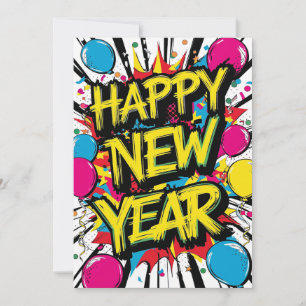 Tarjeta Festiva Feliz Año Nuevo 2025 Arte Pop Colorido Explosivo 