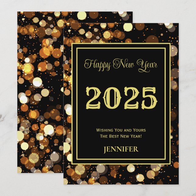 Tarjeta Festiva Feliz Año Nuevo 2025 Elegante burbuja de oro (Anverso / Reverso)