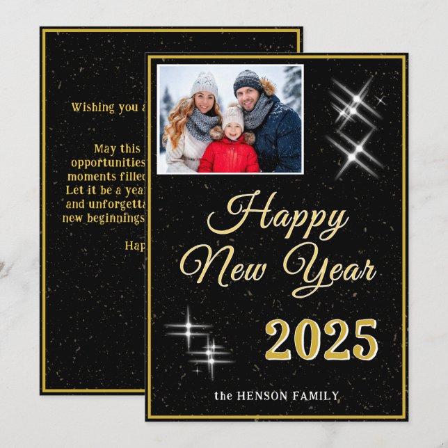 Tarjeta Festiva Feliz Año Nuevo 2025 Foto con Brillos Elegantes (Anverso / Reverso)