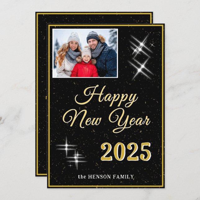 Tarjeta Festiva Feliz Año Nuevo 2025 Foto con destellos elegantes (Anverso / Reverso)