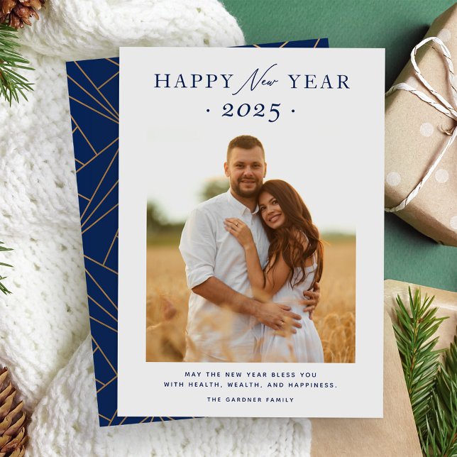 Tarjeta Festiva Feliz Año Nuevo 2025 foto geométrica de oro azul d (Subido por el creador)