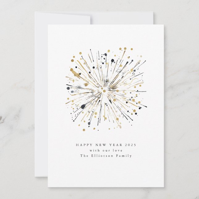 Tarjeta Festiva Feliz año nuevo 2025 Fuegos artificiales Dorado Ne (Anverso)