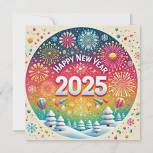 Tarjeta Festiva Feliz Año Nuevo 2025 Fuegos Artificiales Gente Apl