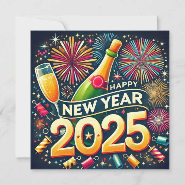 Tarjeta Festiva Feliz Año Nuevo 2025. Gente de fuegos artificiales (Anverso)