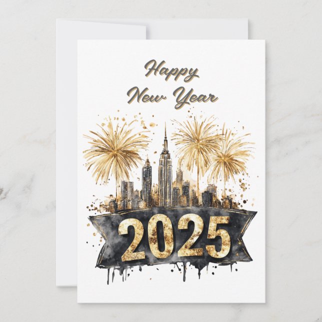 Tarjeta Festiva Feliz Año Nuevo 2025 Negro y Dorado, Fuegos Artifi (Anverso)
