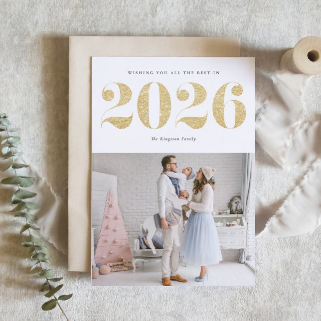 Tarjeta Festiva Feliz Año Nuevo 2025, Purpurina de Faux Gold (Ring in 2026 with this sparkly Happy New Year photo card featuring faux gold glitter.)
