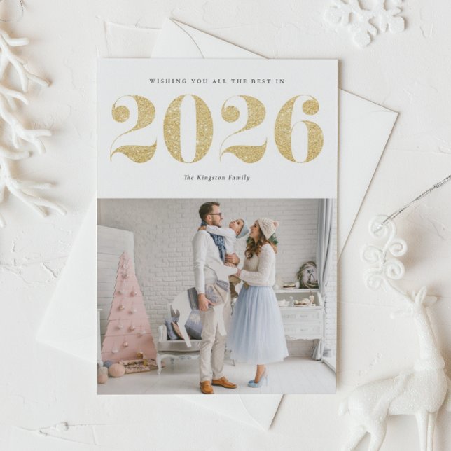 Tarjeta Festiva Feliz Año Nuevo 2025, Purpurina de Faux Gold (Ring in 2026 with this sparkly Happy New Year photo card featuring faux gold glitter.)