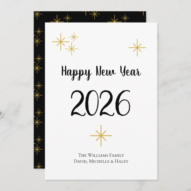 Tarjeta Festiva Feliz Año Nuevo 2026 Cute Typography Black Gold (Anverso / Reverso)