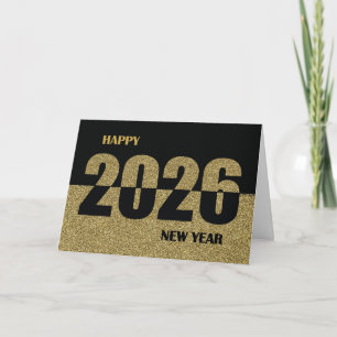 Tarjeta Festiva Feliz Año Nuevo 2026, dorado con brillo y negro