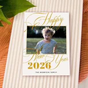 Tarjeta Festiva Feliz Año Nuevo 2026 elegante foto moderna